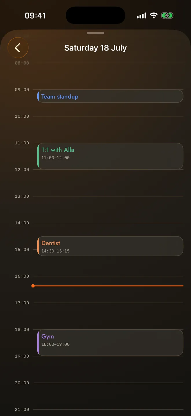 ZENUG calendar — the day, hour by hour, with real events
