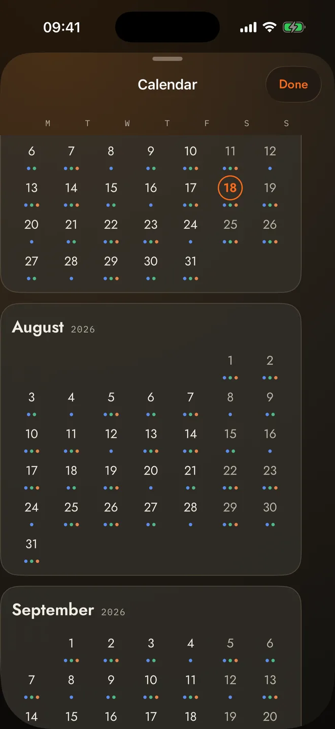 ZENUG calendar — month overview with event dots