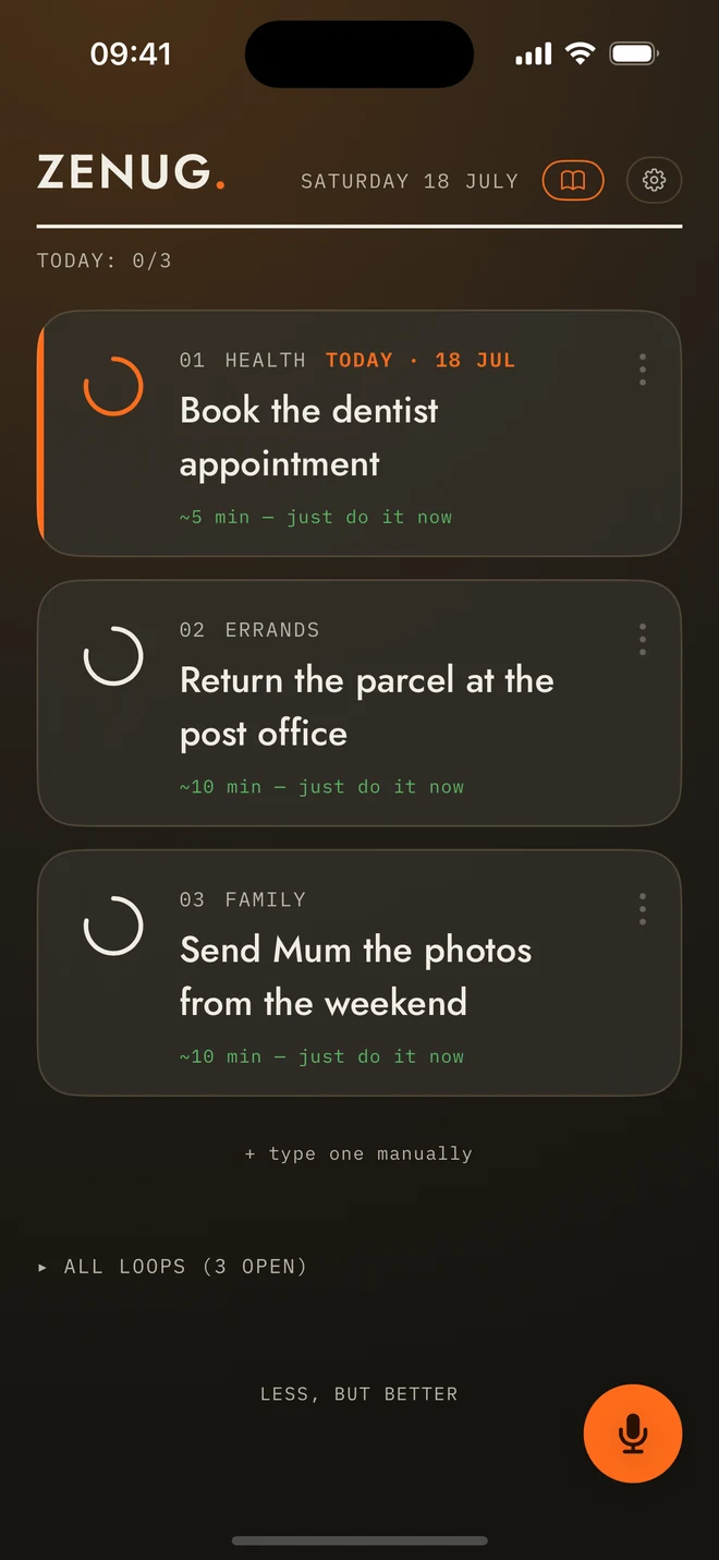 ZENUG today board, dark glass theme