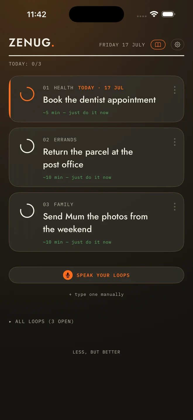ZENUG today board, dark glass theme